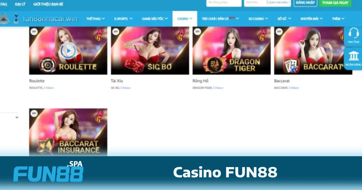 Casino FUN88 cung cấp hàng loạt các trò chơi casino hấp dẫn, đảm bảo đáp ứng đầy đủ các sở thích và nhu cầu của khách hàng.